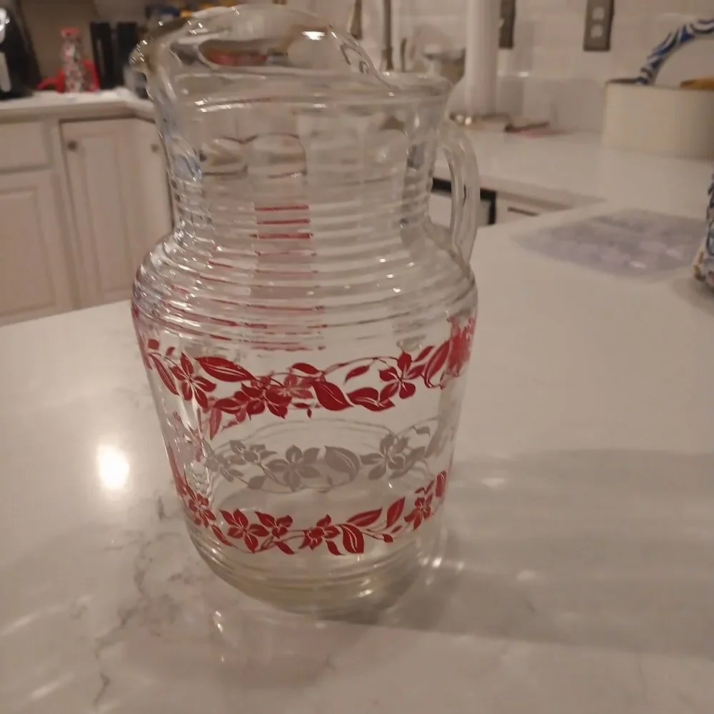 1950s MCM Hazel Atlas Clematis Floral Ribbed Ice Lip Glass Pitcher - Rare!